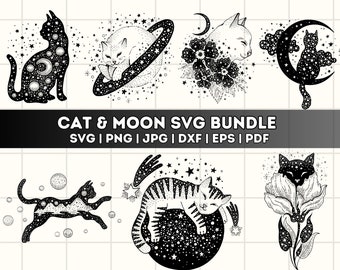 Cat and Moon Phases SVG Bundle: Silhouette Clipart (Digital Download)