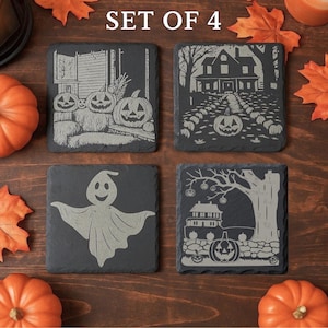 Halloween Slate Coaster Set - Engraved Vintage Designs - Round & Square - Spooky Season Fall Barware