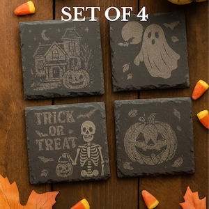 Halloween Coaster Set – Slate Coasters – Ghost Skeleton Pumpkin Haunted House Decor – Fall Halloween Table Decor Bundle