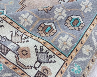 Vintage Turkish Rug 3x8 Rug Oushak Runner Rug: 3.3x7.9 ft, Handmade Turkish Wool Rug Tax Free USA