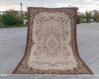 Hand Knotted Wool Oushak Rug: 6.10x10 Beige Gray Brown Vintage Turkish Rug, Tax Free USA