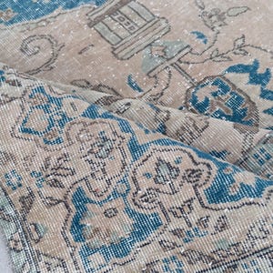 Vintage Turkish Oushak Rug 7x9: Hand-Knotted Wool Beige & Blue Area Rug