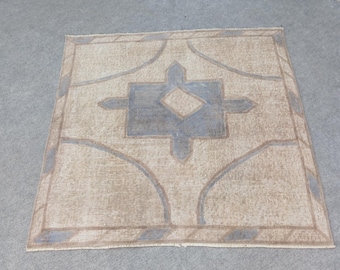 4x4 Square Rug, Neutral Oushak Rug, 3x3 Small Persian Rug, Turkish Bathroom Rug, Vintage Doormat, Welcome Mat Boho, Wool Rug, 3.6x3.6 feet