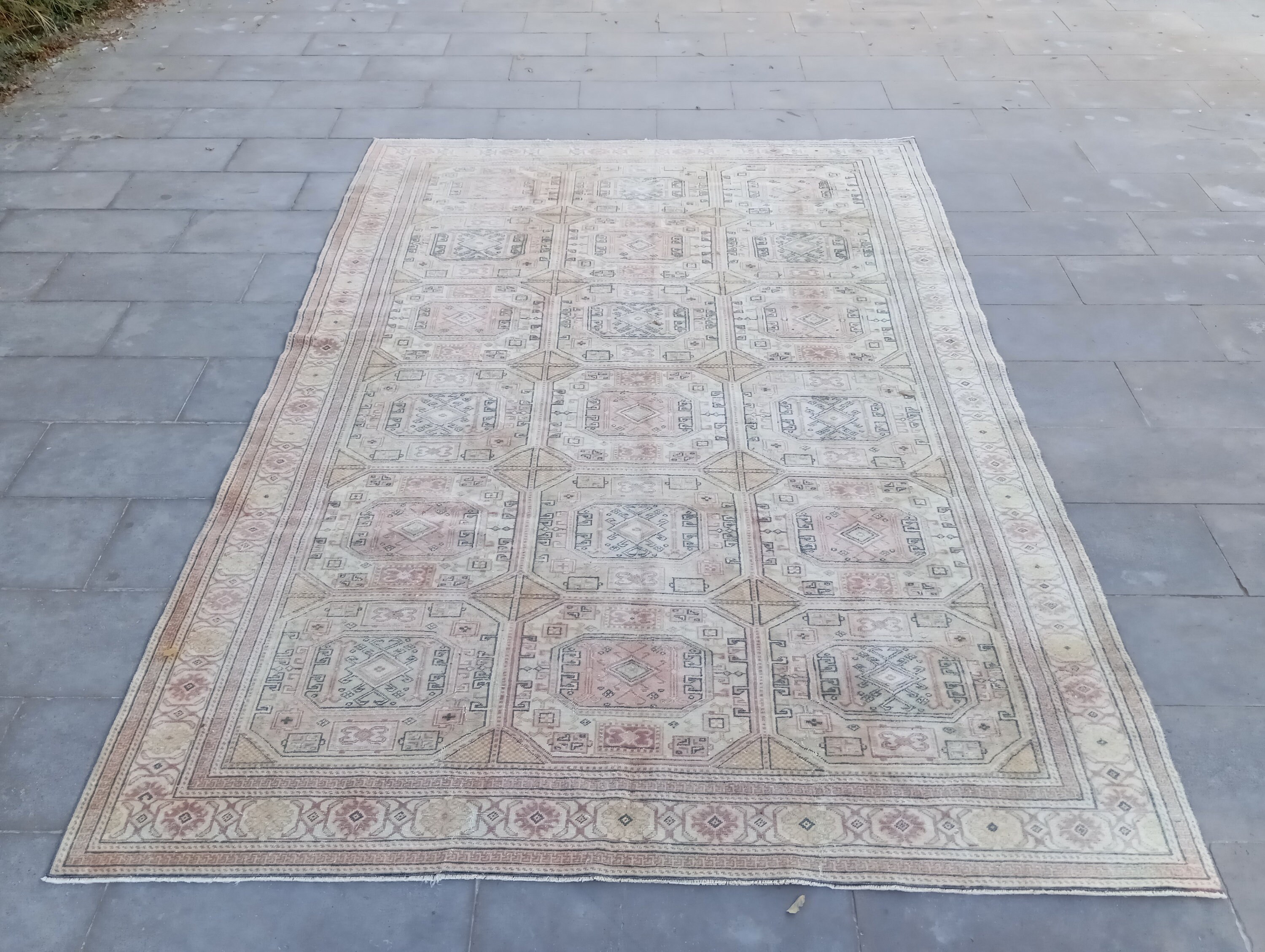 Hand Knotted 7x9 Vintage Turkish Oushak Rug: Beige, Brown, Orange