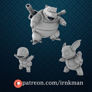 May include: Three gray 3D printed figurines of a Pokemon character, Squirtle, in different stages of evolution. The largest figurine is a Blastoise, with a cannon on its back. The smallest figurine is a Squirtle, with a small shell on its back. The middle figurine is a Wartortle, with a larger shell on its back.