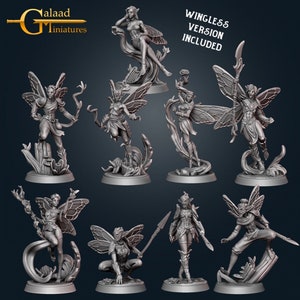 May include: Set of nine 3D printed miniature figurines of fairies with wings, some with weapons, and some with flowers. The figurines are all in a grey colour and are standing on a base.