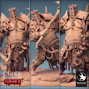 May include: A detailed miniature figure of a large, muscular, humanoid creature with a caged head, wearing a chainmail shirt, a leather kilt, and holding a spiked club. The figure is painted in a light brown color and has a textured surface. The figure is part of the Order Immortals Volume II collection.