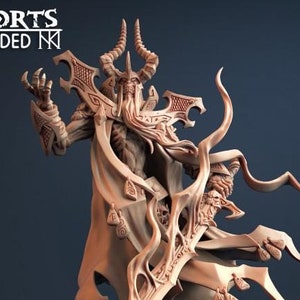 May include: A detailed miniature figurine of a skeletal figure with horns, a long beard, and a flowing robe. The figure holds a sword in its right hand and is standing on a base with skulls and bones.