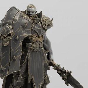 May include: A warrior figurine with a large, spiked shield and a sword. The figure is wearing black and gold armour and a long, flowing cloak. The figure is standing on a base with the word "Unchained" written on it.