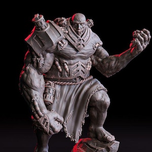 May include: A grey Necrotech Brute miniature figure, posed on a rocky base. The figure has a muscular build, with mechanical enhancements and a tattered cloth around the waist. The figure is medium sized with a 25 mm base.