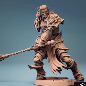May include: A detailed 3D printed miniature of a skeletal warrior wearing ornate armor and wielding a spiked mace. The miniature is posed in a dynamic action stance, ready for battle. The miniature is pre-supported for easy printing.