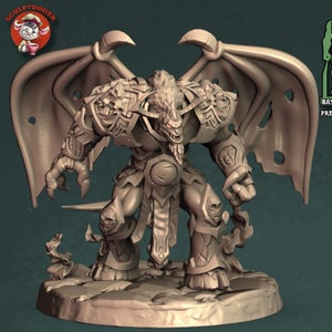May include: A gray, detailed miniature of a demon with wings, horns, and armor. The miniature is standing on a round base and is labeled "DOOMGUARD".