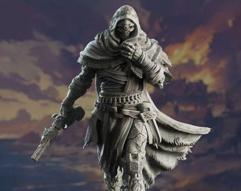 May include: A detailed, gray, sculpted figurine of a cloaked figure with a mask and a pistol. The figure is standing on a round base.