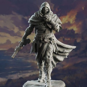 May include: A detailed, gray, sculpted figurine of a cloaked figure with a mask and a pistol. The figure is standing on a round base.