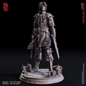 May include: A detailed miniature figurine of a knight in armour, holding a sword and shield. The figure is painted in a dark grey colour and stands on a textured base. The text "The Silent Sands" is visible in the background.