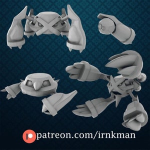 May include: Five 3D printed models of a robot character in various poses. The models are gray and appear to be made of plastic.