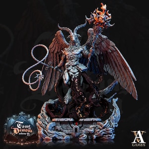 May include: A detailed miniature of a demon with goat horns, wings, and a flaming torch. The demon is standing on a stone base with a swirling, dark cloud effect. The miniature is part of the "Tome of Demons Volume II" collection.