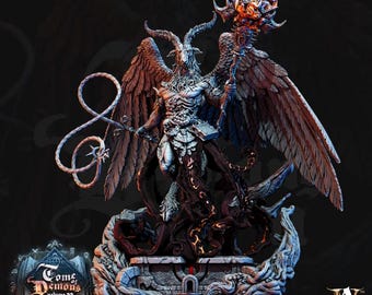 May include: A detailed miniature of a demon with goat horns, wings, and a flaming torch. The demon is standing on a stone base with a swirling, dark cloud effect. The miniature is part of the "Tome of Demons Volume II" collection.