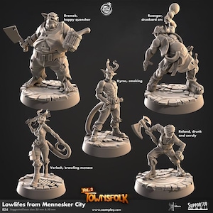 May include: A selection of grey miniature figurines depicting fantasy characters. The figurines include a happy quencher, a drunkard orc, a brawling menace, a smoking character, and a drunk and unruly figure. The text "Lowlifes from Mennesker City" is visible.