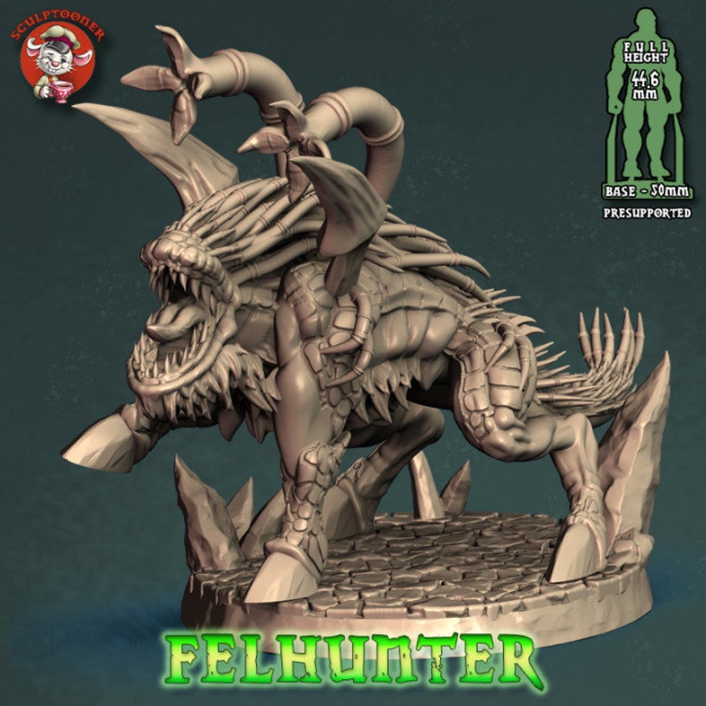 May include: A detailed 3D printed miniature of a monstrous creature with a long, sharp tongue, multiple limbs, and a spiky tail. The creature is standing on a rocky base and is labeled "FELHUNTER". The miniature is 4.46 inches tall and has a 2-inch base.