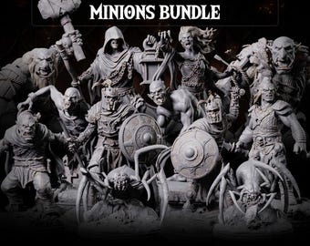 May include: A collection of gray fantasy figurines, including orcs, warriors, and creatures, forming a "Minions Bundle." The figures are intricately detailed, with weapons, shields, and armor. The image includes the text "Primal Collectibles," "32MM," and "Dragon Blade."