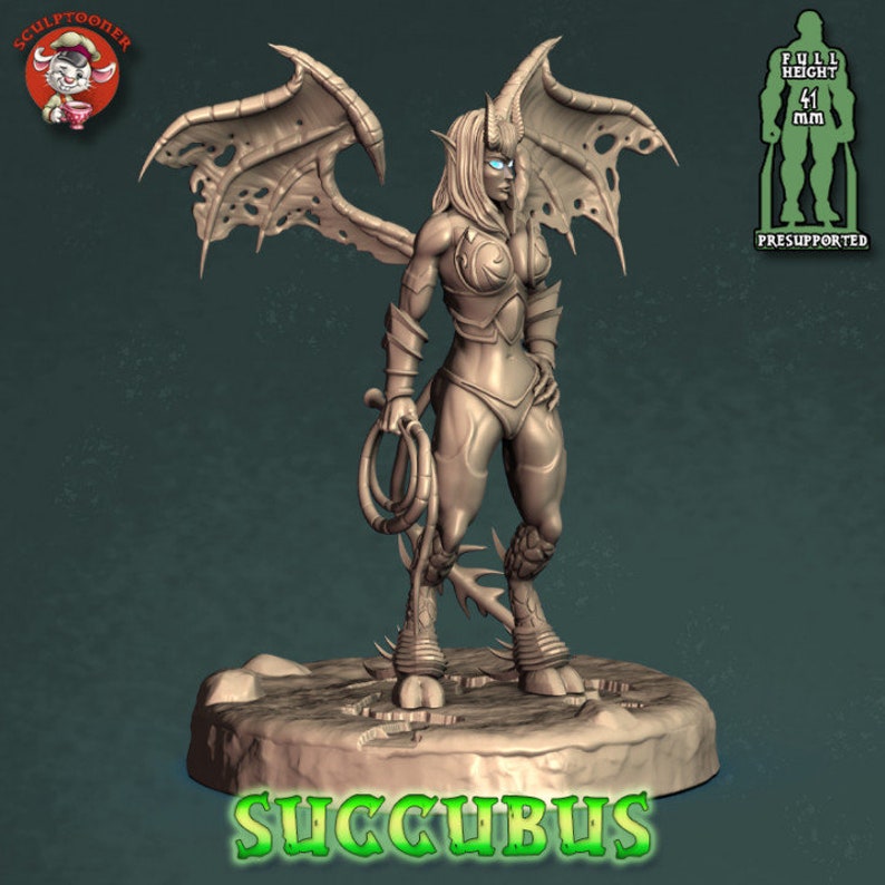 May include: A gray 3D printed miniature of a female succubus with wings, horns, and a tail. She is holding a whip in her right hand and is standing on a rocky base. The miniature is 41 mm tall and is pre-supported.