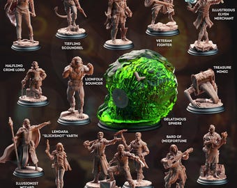 May include: A collection of 14 miniature figurines depicting various fantasy characters, including a security chief, a tiefling scoundrel, a lionfolk bouncer, a veteran fighter, a gelatinous sphere, a bard of misfortune, a soulforged bartender, an illusionist wizard, a halfling crime lord, a treasure mimic, an illustrious elven merchant, an elven rogue gambler, and Lendara "Slickshot" Varth. The figurines are painted in various colors and are posed in dynamic stances.