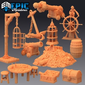 May include: A selection of miniature pirate-themed figurines in a light brown hue. The set includes a cannon, treasure chest, ship's wheel, anchor, barrel, table, stools, and a pile of gold coins. The figurines are made of a wood-like material.