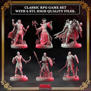 May include: A set of six gray fantasy character miniatures for tabletop gaming, labeled CLASSIC RPG GAME SET WITH 6 STL HIGH QUALITY FILES. The figures include a robed mage, a horned sorcerer, a knight, a mummy, a skeleton, and a warrior.