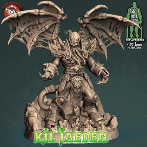 May include: A detailed 3D printed miniature of a demon with wings, a tail, and a skull-like face. The miniature is standing on a rocky base and is labeled "Kil'jaeden". The miniature is 68.5 mm tall and is available in a pre-supported version.