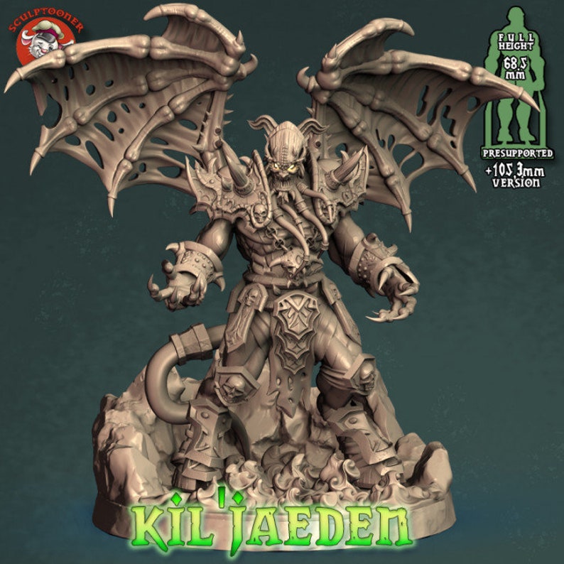 May include: A detailed 3D printed miniature of a demon with wings, a tail, and a skull-like face. The miniature is standing on a rocky base and is labeled "Kil'jaeden". The miniature is 68.5 mm tall and is available in a pre-supported version.