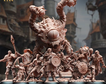 Puede incluir: Un conjunto de figuras en miniatura impresas en 3D para un juego de rol de mesa. Las figuras están pintadas en un color marrón claro y representan a un grupo de aventureros, incluyendo un guerrero humano, un enano, una elfa y un hobbit. Las figuras están de pie sobre una base y están listas para ser usadas en un juego. Las figuras son parte de la campaña "Adventure Calls".