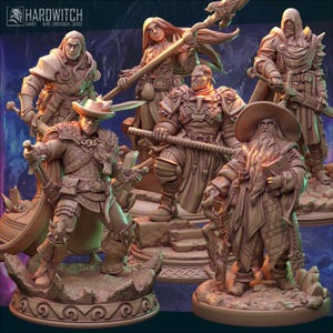 May include: A collection of detailed, unpainted miniature figurines of fantasy characters. The figures include a wizard, warrior, and other characters, all in dynamic poses. The Hardwitch Games logo is in the top left corner.