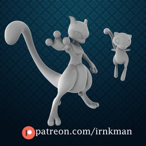 May include: A 3D printed model of a gray Mewtwo and a gray Mew, both standing on a blue patterned background. The Mewtwo is larger and has a long tail. The Mew is smaller and has a short tail.