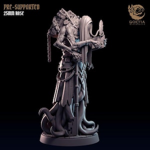 Pode incluir: Uma miniatura cinzenta e detalhada de uma criatura com tentáculos, uma longa túnica e um livro na mão. A miniatura está em pé sobre uma base redonda. O texto "PRE-SUPPORTED 25MM BASE" é visível no canto superior esquerdo da imagem.