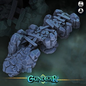 May include: A 3D printed miniature bridge made of gray stone with wooden planks. The bridge is broken in several places, with some planks missing. The bridge is designed for tabletop gaming.