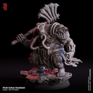 May include: A detailed, grey Flesh Golem Machinist miniature figure, holding a large weapon. The figure has a skull-like mask and mechanical details. The base is 50 mm. Text on the image reads "Flesh Golem Machinist" and "Large - 50 mm base."
