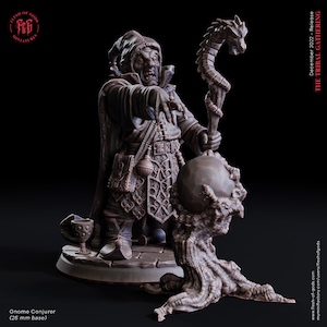 May include: A detailed miniature figurine of a gnome conjurer, painted in shades of brown and grey. The gnome is wearing a pointed hat and a long robe, and is holding a staff with a dragon head. The gnome is standing on a base with a tree-like structure, and is holding a sphere in his hand. The miniature is 25 mm in size.
