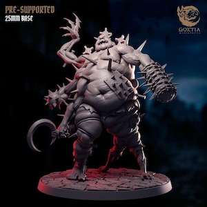 May include: A grey miniature figure of a grotesque monster with spikes, a hook, and a club. The figure is on a 25mm base and has the text "PRE-SUPPORTED 25MM BASE". The figure is from Goetia Miniatures.