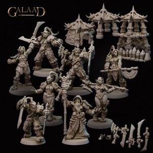 May include: A set of 3D printed miniature figures, including orcs, elves, and a wizard, along with several small structures. The figures are unpainted and made of a gray plastic. The structures are also unpainted and made of a gray plastic. The figures and structures are all in various poses and are ready to be painted.