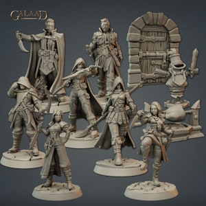 May include: A set of eight miniature figures, including seven figures of people in various poses and a miniature door with a closed door. The figures are all in a grey colour and appear to be made of plastic.