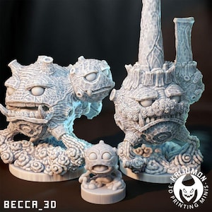 May include: Three detailed, gray 3D-printed fantasy miniatures. The larger figures have textured, tree-like features and menacing expressions. A smaller figure sits on a base with its tongue out. The text "BECCA_3D" is at the bottom left.