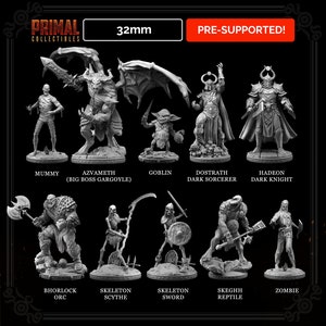 Könnte beinhalten: Ein Set mit 10 32 mm großen, vorab unterstützten Miniaturen für Tabletop-Rollenspiele. Die Figuren sind aus grauem Kunststoff und stellen verschiedene Fantasy-Kreaturen dar, darunter eine Mumie, eine Gargoyle, ein Goblin, ein dunkler Zauberer, ein dunkler Ritter, ein Ork, ein Skelett mit einer Sense, ein Skelett mit einem Schwert, ein Reptil und ein Zombie.