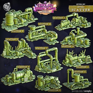 May include: A set of 10 green plastic sewer scatter terrain pieces for tabletop gaming. The pieces feature pipes, grates, and other sewer details. The pieces are labelled with letters A through J.