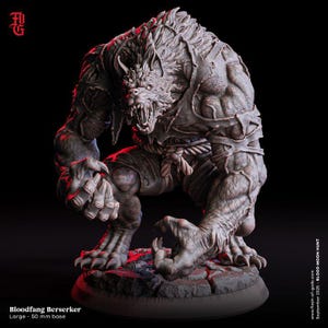 May include: A detailed, grey Bloodfang Berserker figurine, posed in a menacing stance. The creature has a wolf-like head with bared teeth, muscular arms, and a torn garment. The base is 50 mm.