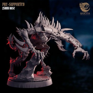 May include: A detailed, grey miniature figure of a monstrous creature with sharp claws, spikes, and a menacing expression. The figure is mounted on a 25mm base and is labelled "PRE-SUPPORTED". The Goetia Miniatures logo is visible.