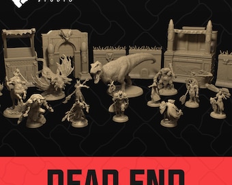May include: A collection of miniature fantasy figurines and terrain pieces, including a Tyrannosaurus Rex, archways, and figures of warriors and mythical creatures. The text "DEAD END" is displayed in large, red letters.