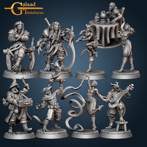 May include: Set of nine miniature figurines depicting various fantasy characters, including a lion-like warrior, a bard playing a lute, a dancer with a ribbon, and a fortune teller with a crystal ball. The figurines are made of gray plastic and are posed in dynamic stances.