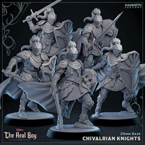 May include: A group of gray miniature Chivalrian Knights figures, each in full armor with swords and shields. The figures are on round bases, with the text "The Real Boy" and "Chivalrian Knights" visible. The figures are from Mammoth Factory.