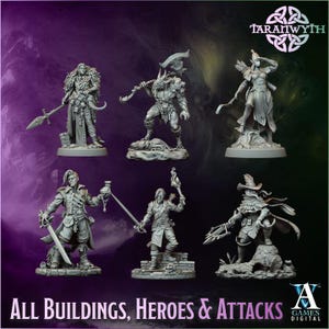 Może przedstawiać: Kolekcja szarych miniaturowych figurek postaci fantasy, w tym wojownika z włócznią, stworzenia z toporem i łucznika. Tekst "All Buildings, Heroes & Attacks" znajduje się na dole.